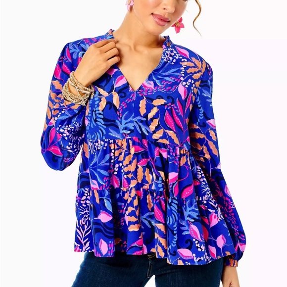 Lilly Pulitzer Tops - Lilly Pulitzer $198 Sarita Silk Top, Borealis Blue Absolute Purrfection Sz 0